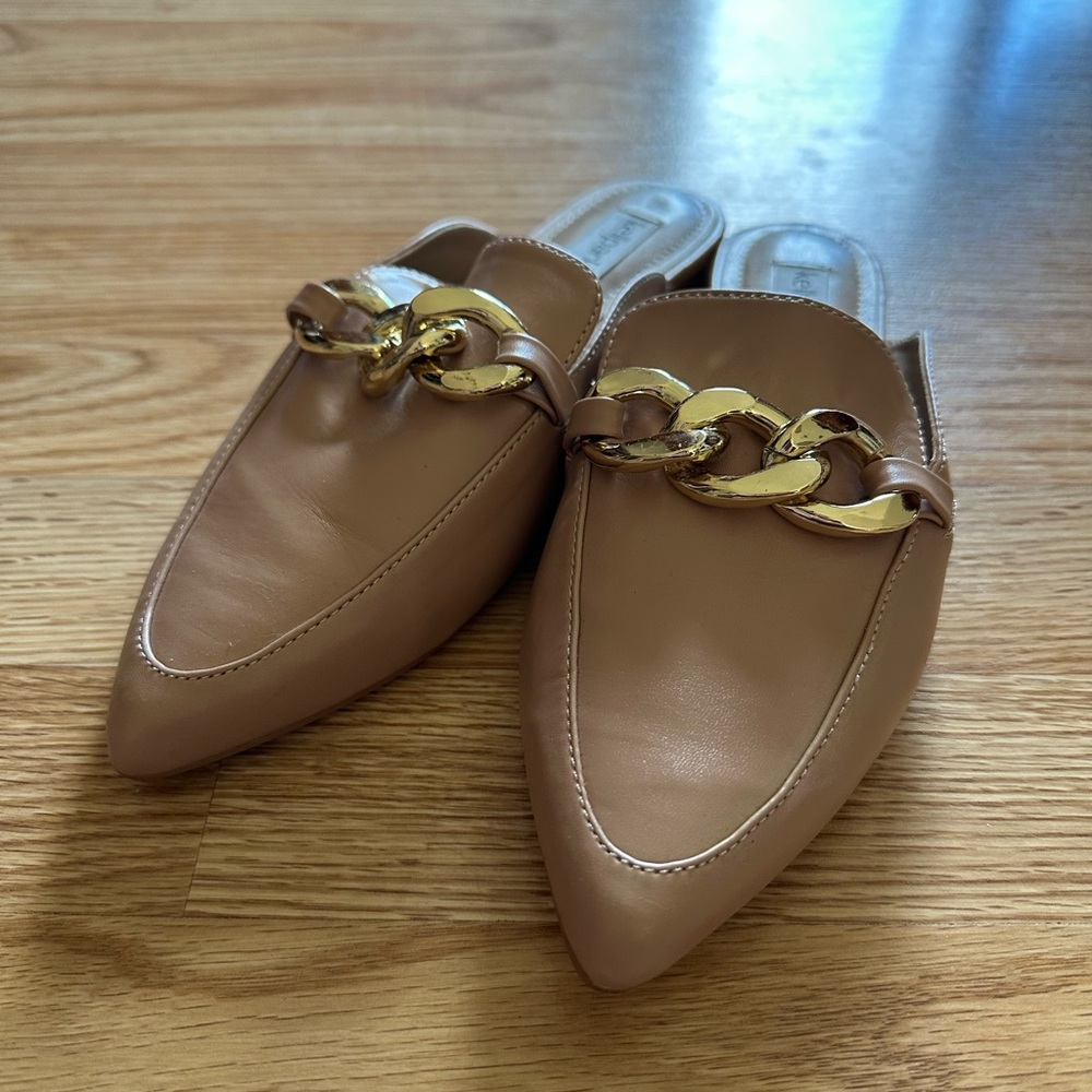 Chic Taupe Mules with Gold Chain